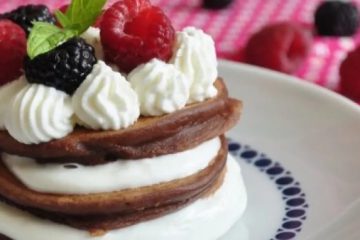 Cocoa Pancakes with Cream Cheese, Cream, and Raspberries