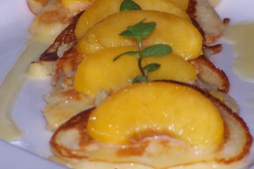 Pancakes with Chocolate Drizzle and Peaches