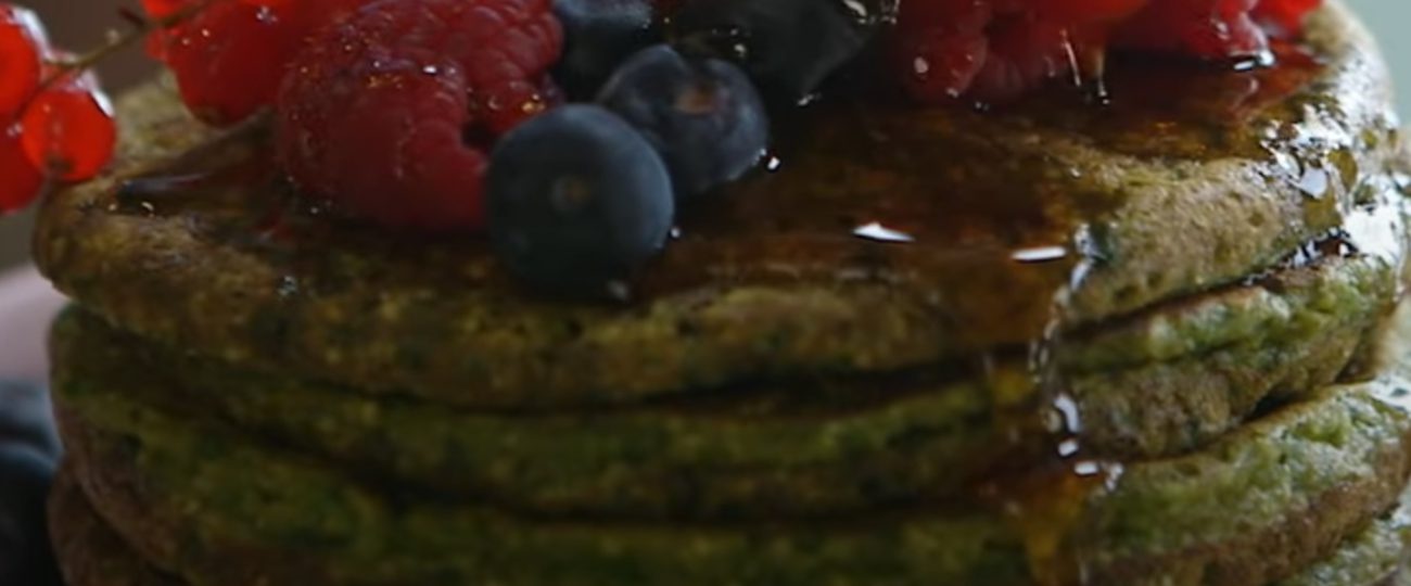 Spinach Pancakes with Fruits and Syrup