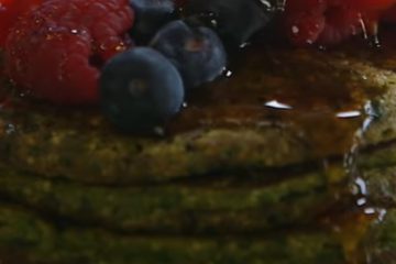 Spinach Pancakes with Fruits and Syrup