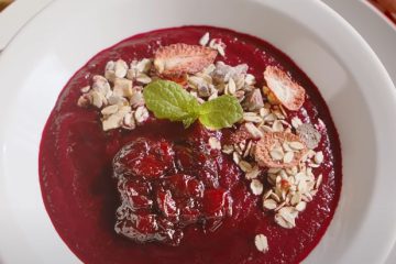 Beetroot-Strawberry Dessert with Cherry Sauce and Granola