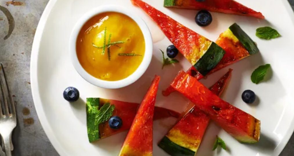 Grilled Watermelon with Mango, Lime, and Lemon Balm Sauce