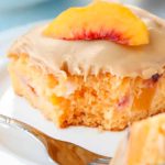 Peach cake with brown sugar icing