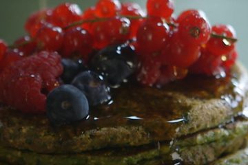 Spinach Pancakes with Fruits and Syrup