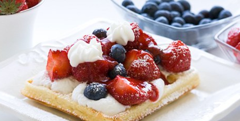 Waffles with Strawberries and Whipped Cream